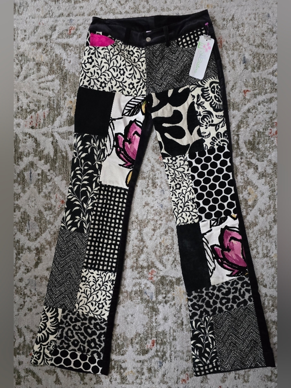 3 Sisters Black & White Patchwork Print Pants W/ Pink Floral Accents Sz 4 NWT